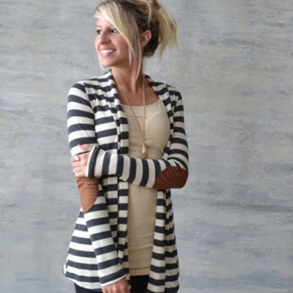 Striped Cardigan With Elbow Patches